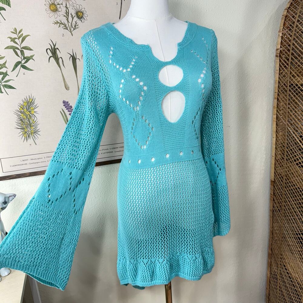 Sheer Crochet Flare Sleeve Tunic Top Mini Dress Festival Coastal Cowgirl M L